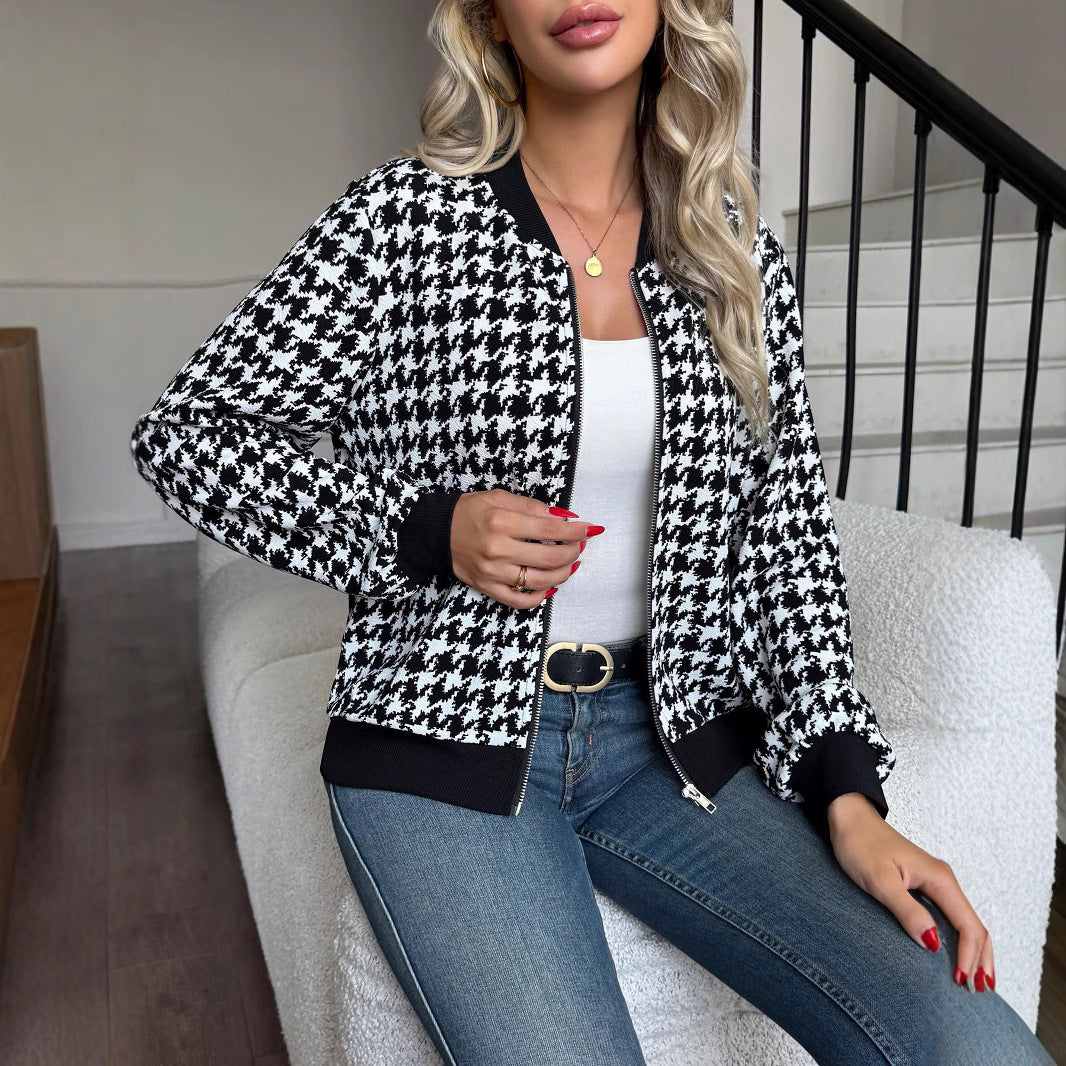 Damen Modischer Bomberjacke mit klassischem Hahnentrittmuster EB