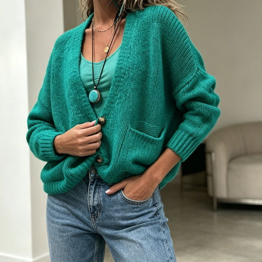 Damen Grobgestrickter Oversize-Cardigan mit Knopfleiste und Eingrifftaschen EB