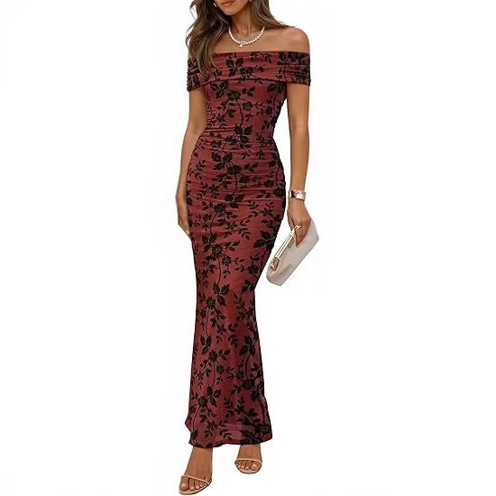 Damen elegantes Off-Shoulder Maxikleid mit floralem Muster und elastischem Einsatz EB