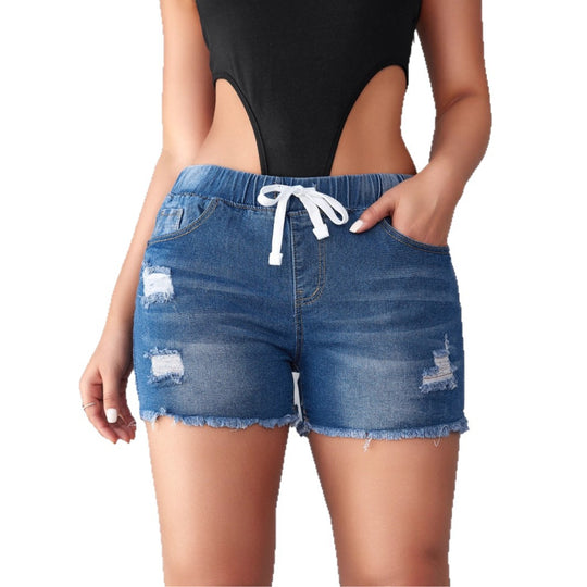 Damen Denim-Shorts mit elastischem Bund und modischen Destroyed-Details EB
