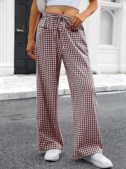 Damen Weit geschnittene Karohose mit elastischem Bund und praktischen Taschen EB