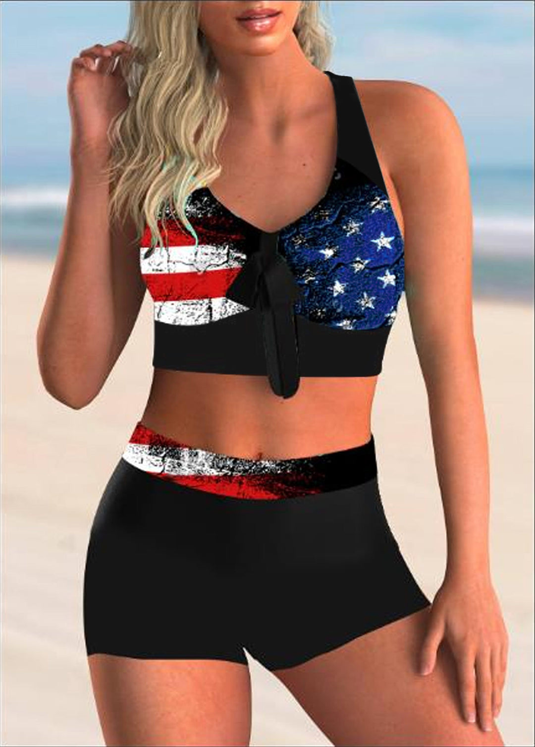 Damen Sportliches Bikini-Set mit verknotetem Oberteil und bequemen Shorts EB
