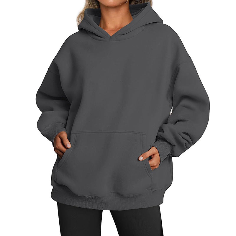 Damen nan Oversize-Kapuzenpullover mit verlängertem Rückenteil, innen angerautem Fleece und Kängurutasche EB