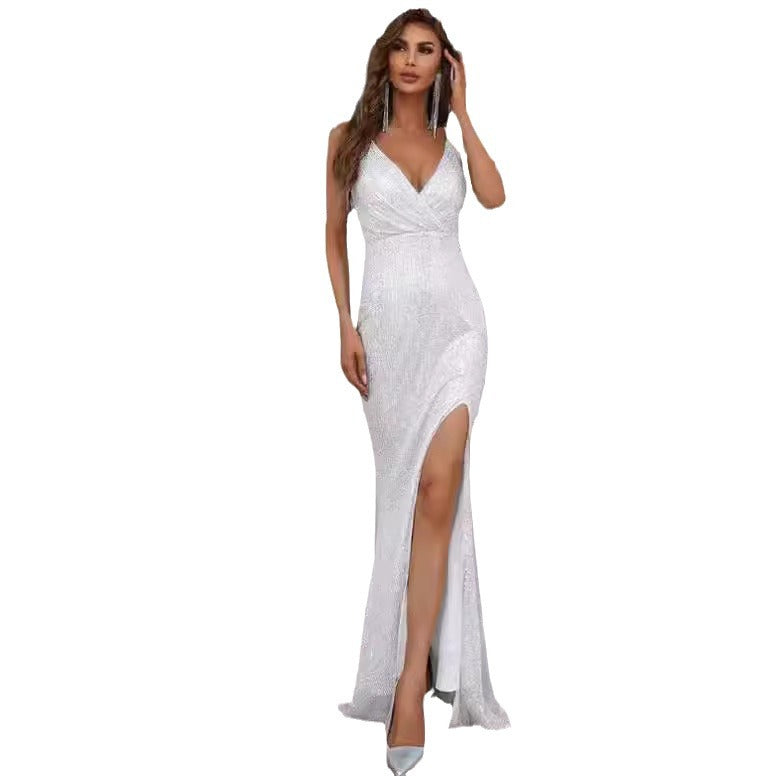 Damen Glitzerndes Abendkleid mit tiefem V-Ausschnitt und elegantem Schlitz EB