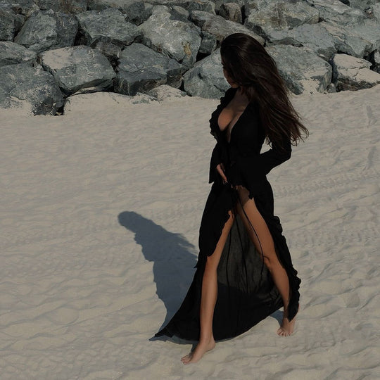 Damen elegantes Strandkleid mit Rüschen und tiefem Schlitz EB