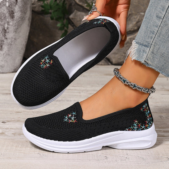 Damen Bequeme Slip-On Schuhe mit atmungsaktiver Strickoberfläche und floralem Muster EB