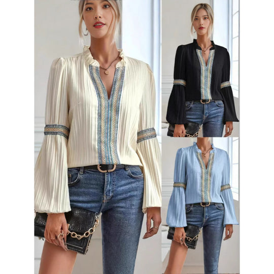 Damen elegante plissierte Bluse mit verzierten Besätzen EB