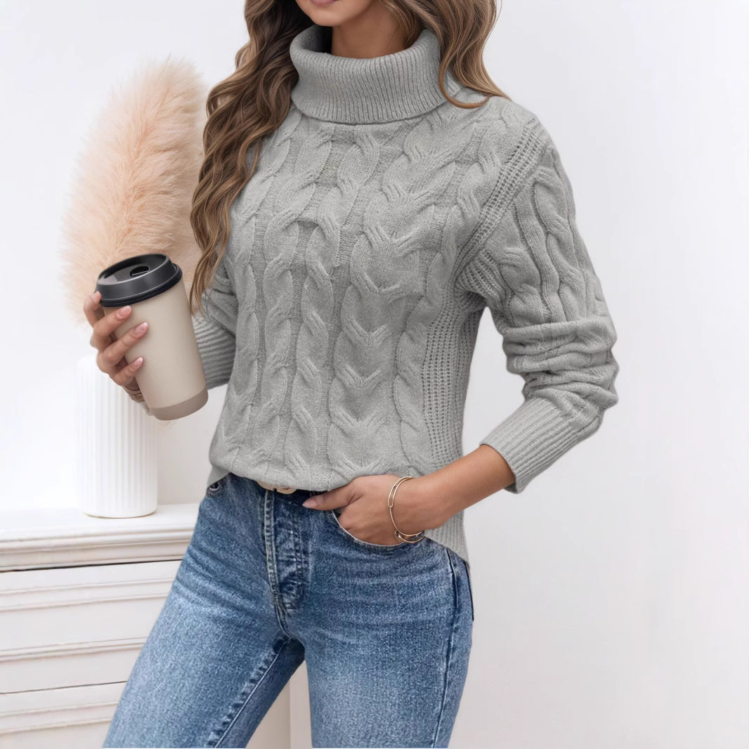 Damen Strickpullover mit hohem Kragen und Zopfmuster EB