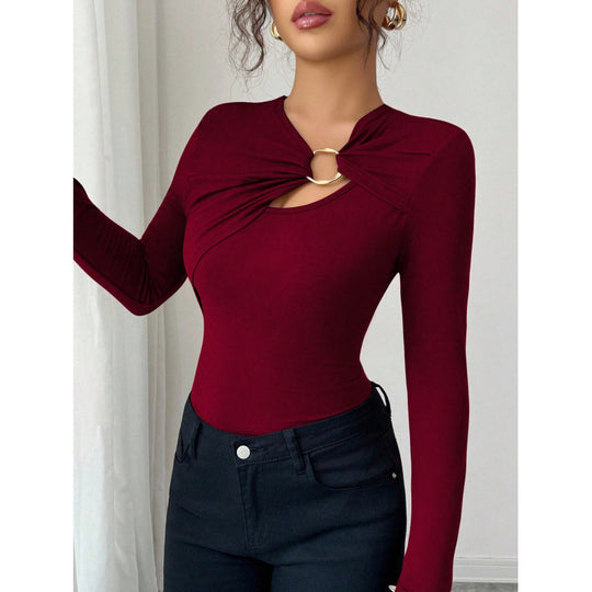 Damen Bodysuit mit dekorativem Ring-Detail und langem Arm EB