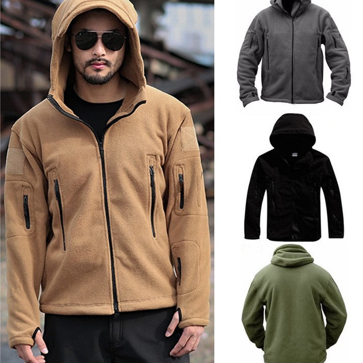 Herren Fleecejacke mit mehrfachen Taschen und verstellbarem Kapuzenkragen EB