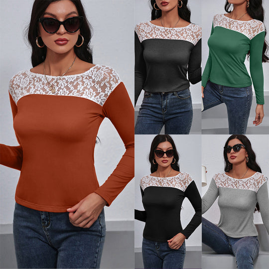 Damen elegantes Langarmshirt mit floralen Spitzendetails EB