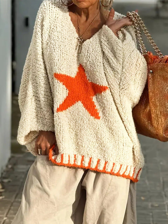 Damen Strickpullover mit V-Ausschnitt und auffälligem Sternenmuster EB
