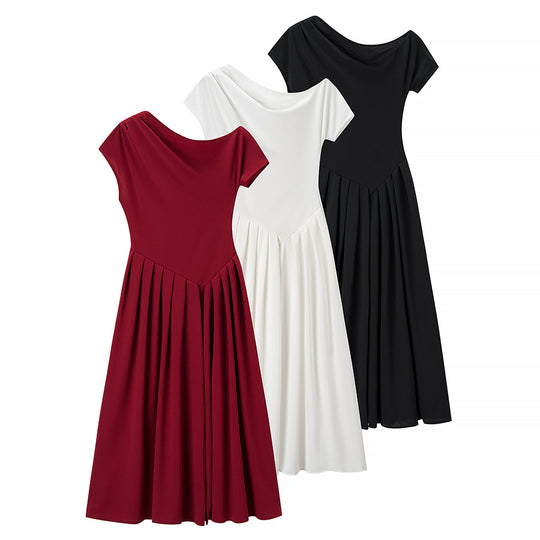 Damen Midi-Kleid mit elegantem Faltenrock und offenkantigem Ausschnitt EB