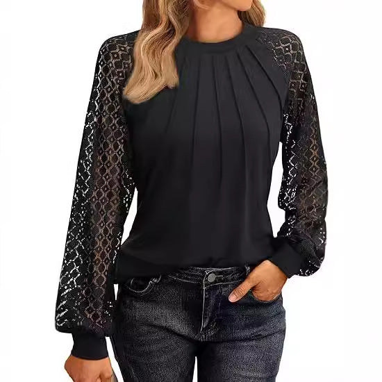 Damen Elegantes Oberteil mit dekorativen Spitzenärmeln und gerafftem Detail EB