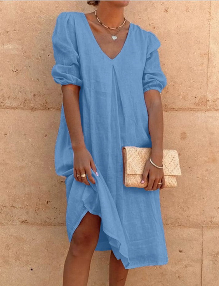 Damen lässiges Leinenkleid mit V-Ausschnitt und Puffärmeln EB