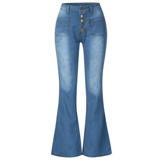 Damen nan High-Waist Schlaghose mit sichtbarer Knopfleiste und aufgesetzten Fronttaschen EB