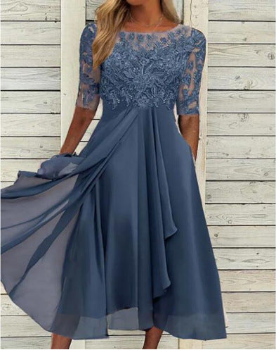 Damen Elegantes Midikleid mit Spitzenärmeln und schwingendem Rock EB