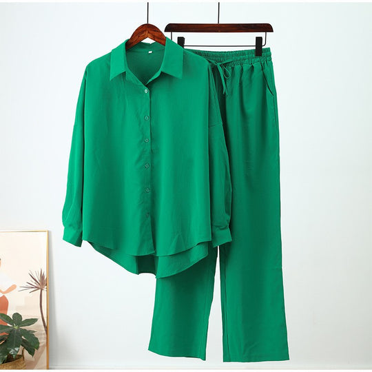 Damen nan lockeres zweiteiliges Lounge-Set mit Oversize-Hemd und elastischer Bundhose EB