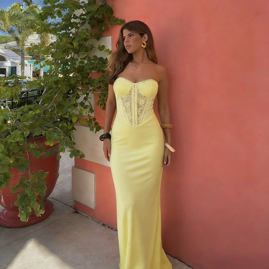 Damen elegantes Bodycon-Maxikleid mit Spitzenakzenten EB