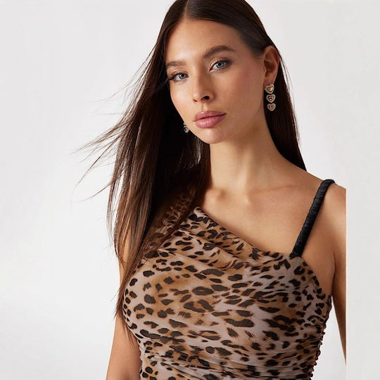 Damen Asymmetrisches Top mit Leopardenmuster und raffinierten Rüschen EB