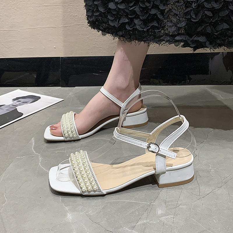 Damen elegante Sandalen mit Perlenverzierung und niedrigem Blockabsatz EB