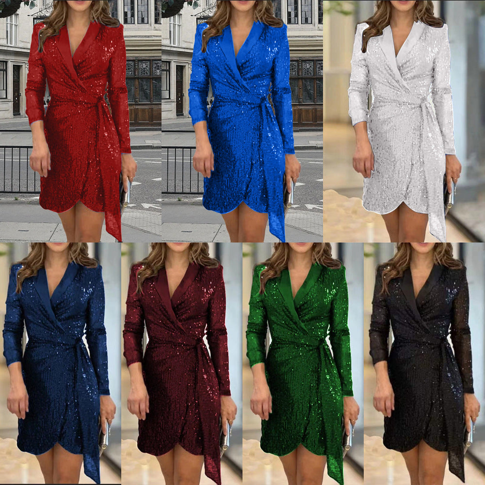 Damen Glamouröses Pailletten Minikleid mit Wickeldesign EB
