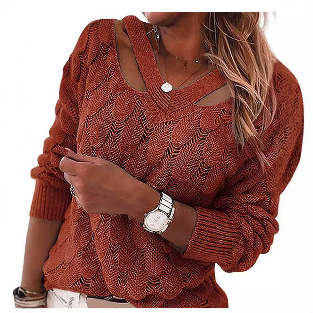 Damen lässiger Strickpullover mit V-Ausschnitt und einzigartigem Cut-out-Design EB