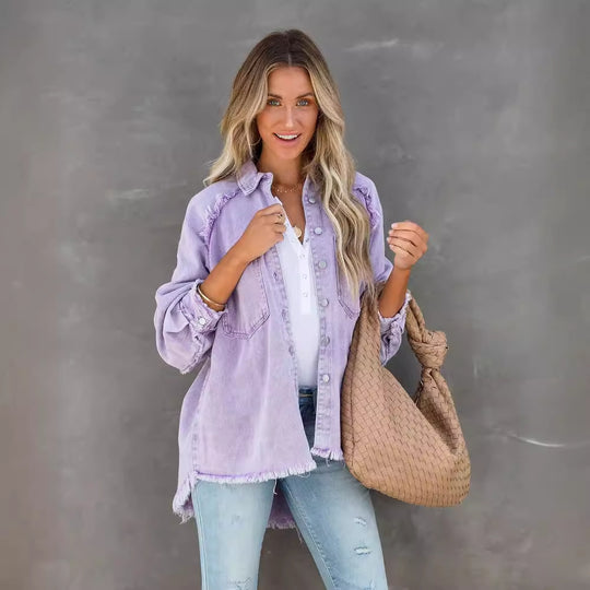 Damen Lässige Denim-Übergangsjacke im Vintage-Stil mit fransigen Details EB