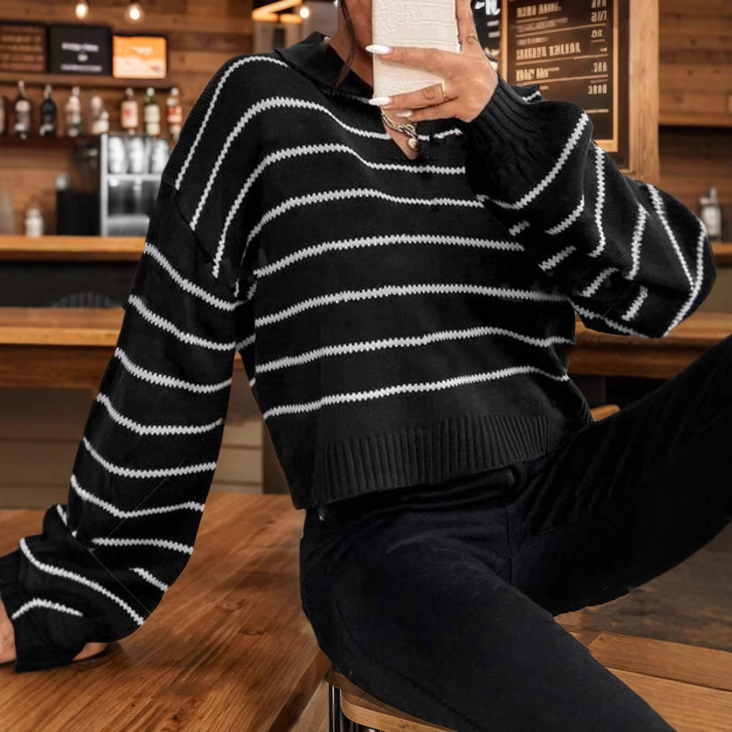 Damen moderner cropped Pullover mit Streifen und tiefem V-Ausschnitt EB