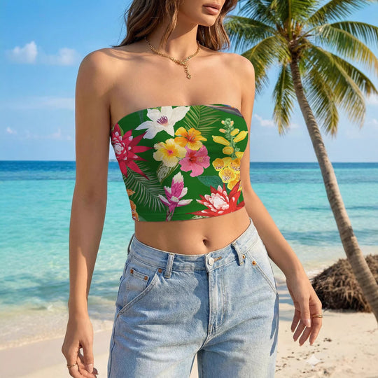 Damen Bandeau-Oberteil mit floralem Design und elastischem Stoff EB