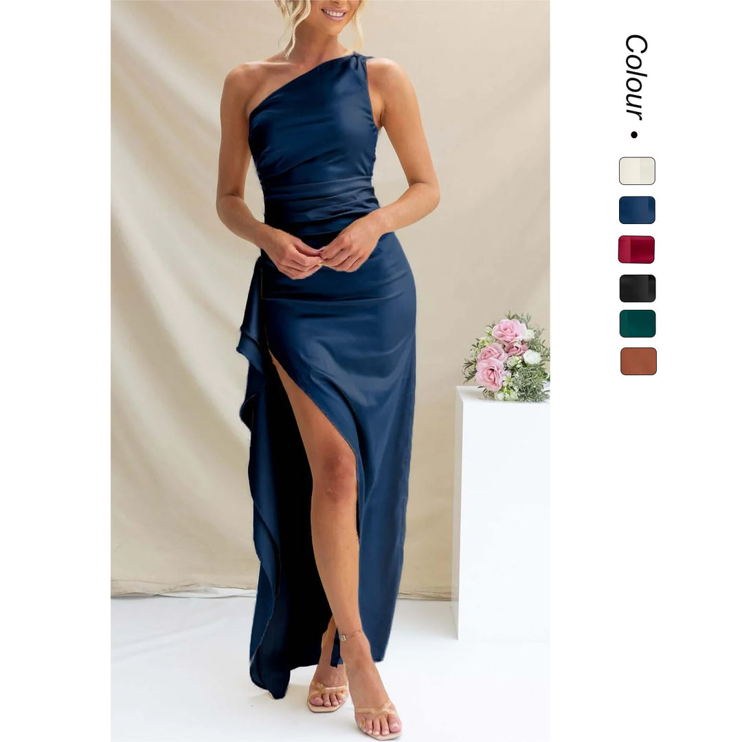 Damen One-Shoulder Maxikleid mit seitlichem Schlitz und elegantem Drapierungen EB