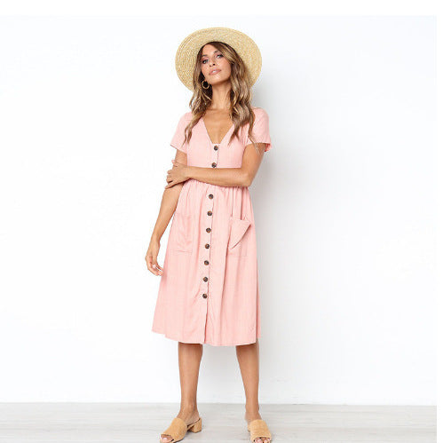 Damen Midi-Kleid mit Knopfleiste und praktischen Taschen EB