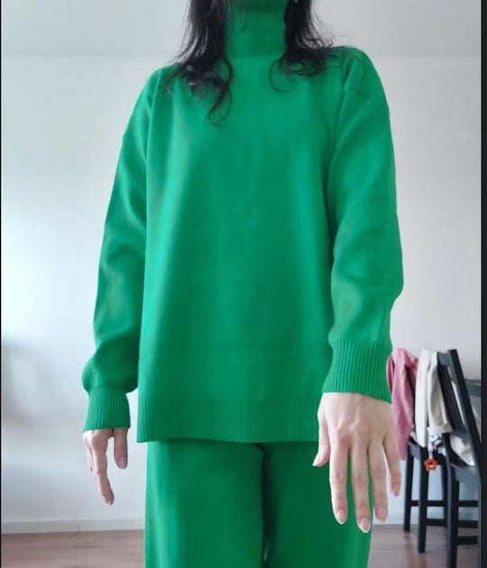 Damen Lässiges Strickset mit hohem Kragen und weitem Bein EB