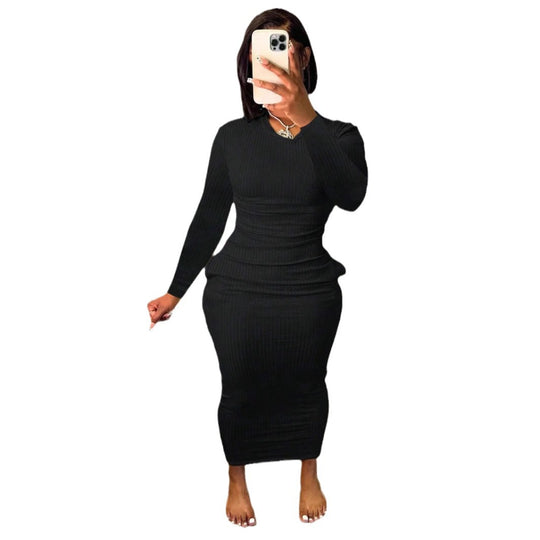 Damen Figurbetontes Rippkleid mit langem Arm und eleganter Silhouette EB