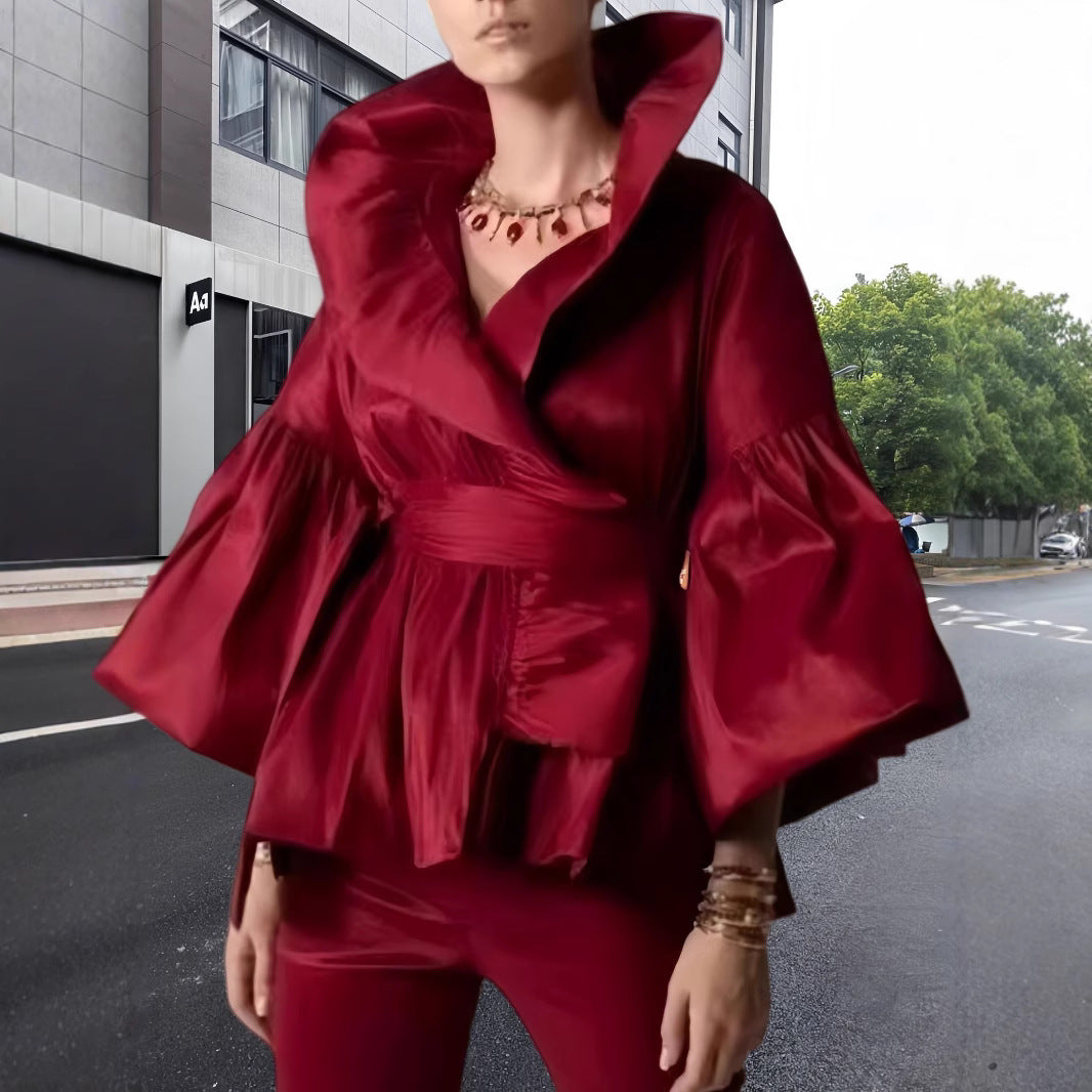 Damen Elegante Wickeljacke mit voluminösen Ärmeln und modernem Kragen EB