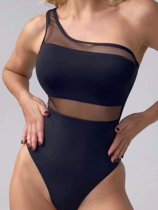 Damen Einteiler Badeanzug mit asymmetrischem Schnitt und transparenten Akzenten EB