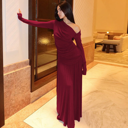 Damen Elegantes Wickel-Maxi-Kleid mit asymmetrischem Schulteinsatz EB