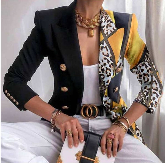 Damen Taillierter Doppelreihiger Blazer mit markanter Schulter, Goldknöpfen und Glitzer-Ombré EB