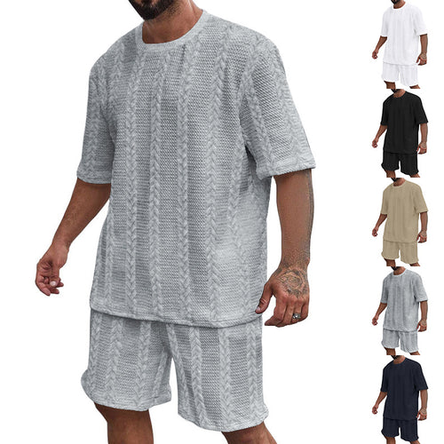 Herren nan entspanntes Zopfstrick-Freizeitset mit weitem Kurzarmshirt und elastischer Bermuda EB