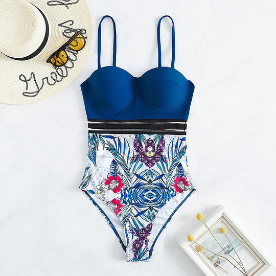 Damen Einteiler Badeanzug mit dekorativem Blumenmuster und strukturierter Taille EB