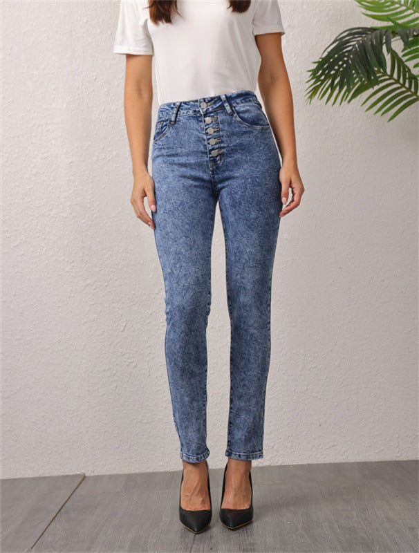 Damen hochgeschnittene Jeans mit dekorativem Knopfverschluss EB