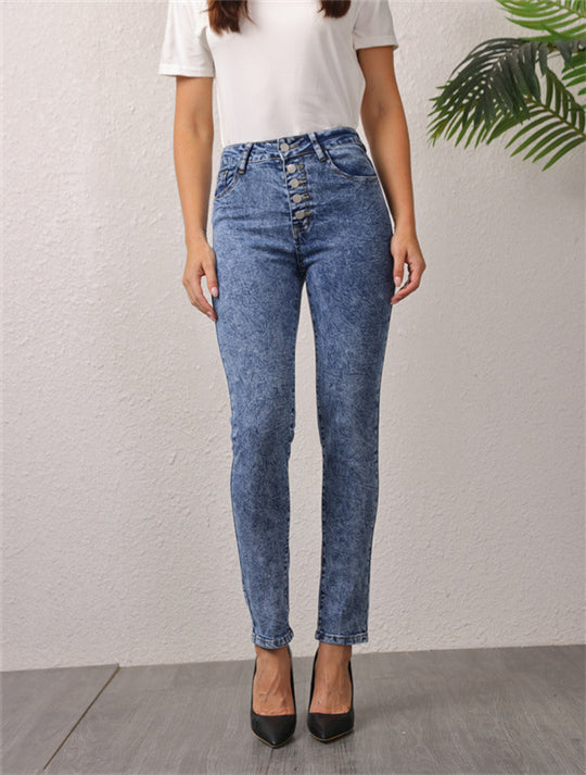 Damen hochgeschnittene Jeans mit dekorativem Knopfverschluss EB