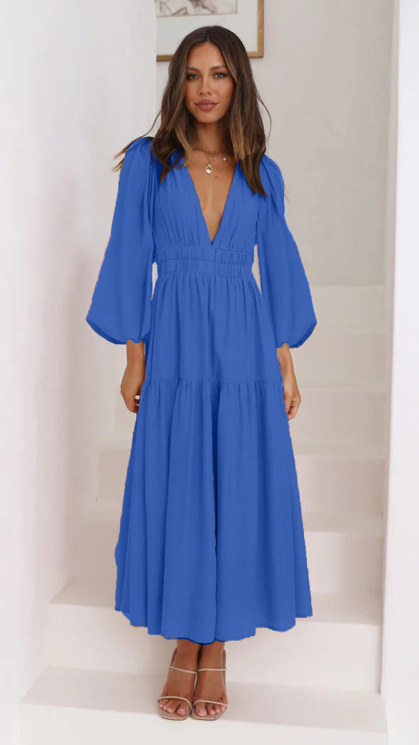 Damen Langarm Maxikleid mit tiefem V-Ausschnitt und weitem Rock EB