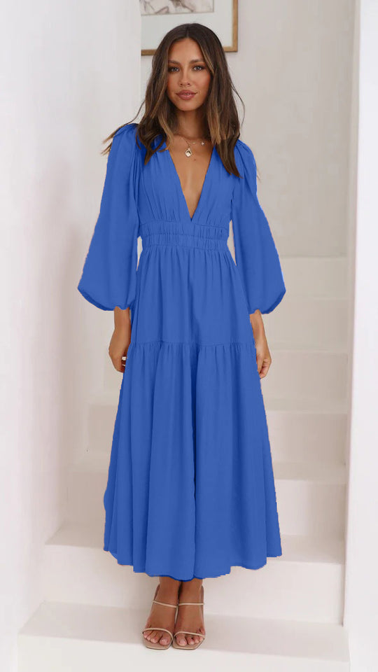 Damen Langarm Maxikleid mit tiefem V-Ausschnitt und weitem Rock EB