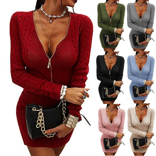 Damen Strickkleid mit Reißverschluss und langen Ärmeln EB