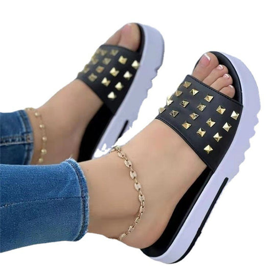 Damen nan Nieten-Pantolette mit gepolstertem Komfortfußbett und profiliertem Flatform-Absatz EB