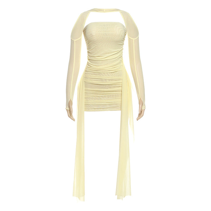 Damen Elegantes Minikleid mit raffinierten Rüschen und transparenten Ärmeln EB