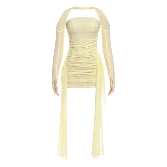 Damen Elegantes Minikleid mit raffinierten Rüschen und transparenten Ärmeln EB