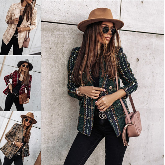 Damen Modischer Tweed-Blazer mit doppelter Knopfleiste und strukturiertem Gewebe EB