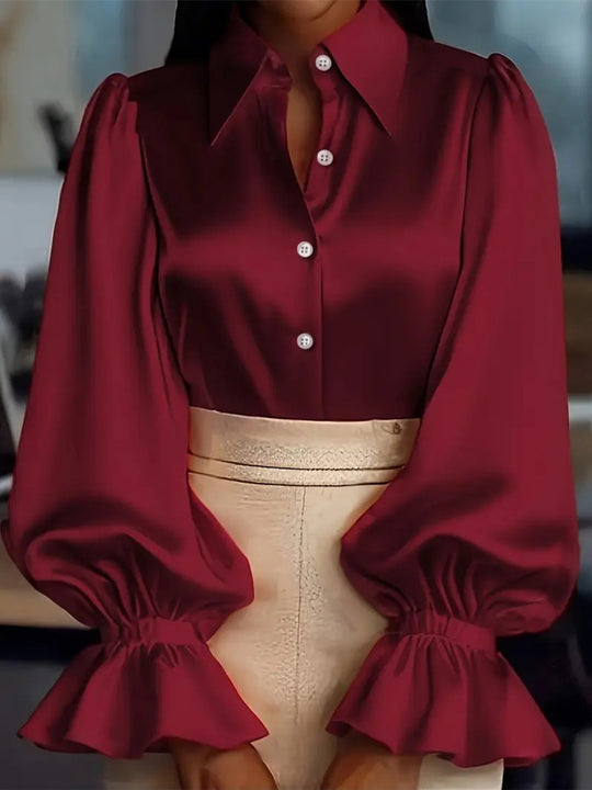 Damen elegante Seidenbluse mit Puffärmeln und schicker Knopfleiste EB